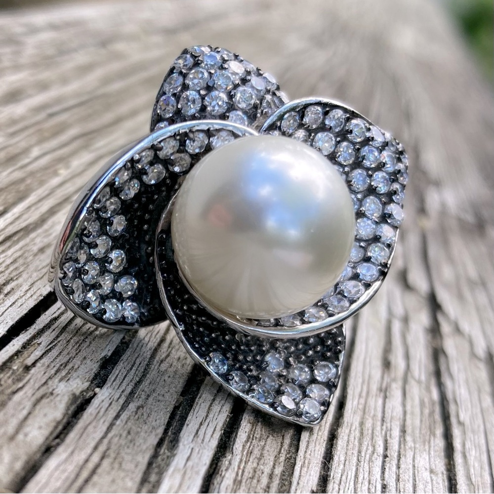 Glamourous Floral Freshwater Pearl Quartz 925 Sterling Silver Ring sz 8.5